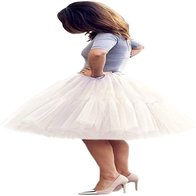 ELAWBTY Womens Knee Length Princess Petticoat Underskirt Tulle Tutu Skirt For Prom Party White S M L