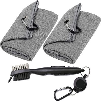 Aebor Golf Towels, Microfiber Waffle Pattern Tri-fold Golf Towel - Brush Tool Kit with Club Groove Cleaner, with Clip Men Women Golf Gifts (2 Grey Towel+Black Brush)