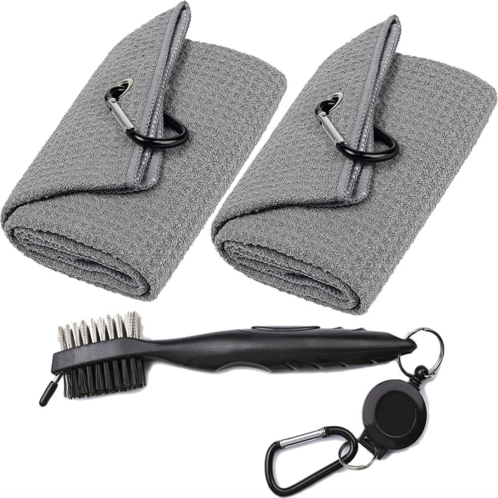Aebor Golf Towels, Microfiber Waffle Pattern Tri-fold Golf Towel - Brush Tool Kit with Club Groove Cleaner, with Clip Men Women Golf Gifts (2 Grey Towel+Black Brush)