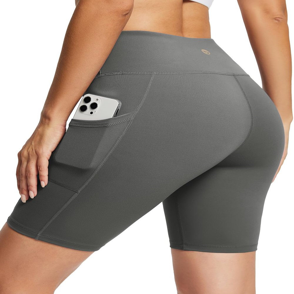 baleaf Biker Shorts Women Yoga Gym Workout Spandex Running Volleyball Tummy Control Compression with Pockets Soft 8" Gray XL