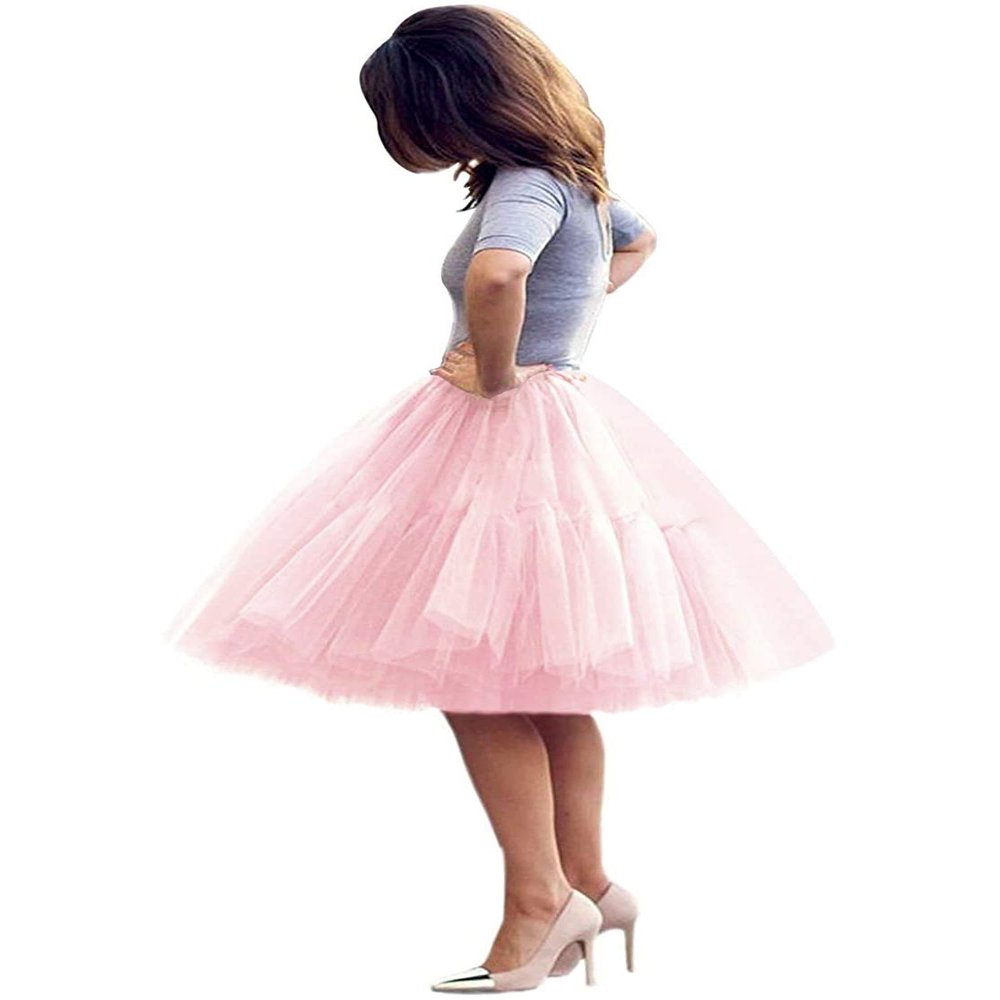 ELAWBTY Womens Knee Length Princess Petticoat Underskirt Tulle Tutu Skirt For Prom Party Blush Pink S M L