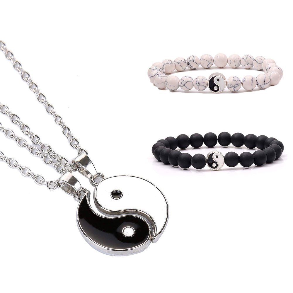 2pcs Yin Yang Matching Couples Puzzle Pendant Necklace Stainless Steel Sun and Moon for His and Hers Lover Best Friends Friendship Jewelry (strand set)