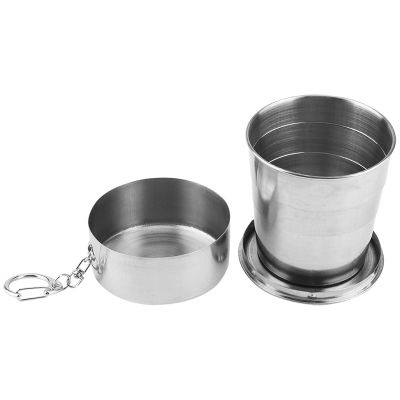 Omabeta Travel Folding Cup, Silver Portable Outdoor Tumbler Stainless Steel Folding Cup Mini Lightweight Reusable Mugs with Key Chain for Traveling Camping(250ml)