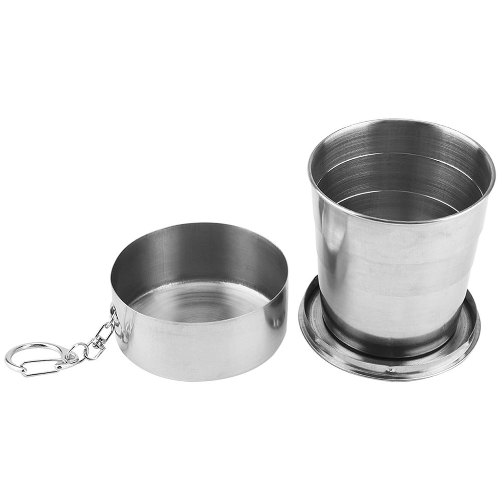 Omabeta Travel Folding Cup, Silver Portable Outdoor Tumbler Stainless Steel Folding Cup Mini Lightweight Reusable Mugs with Key Chain for Traveling Camping(250ml)