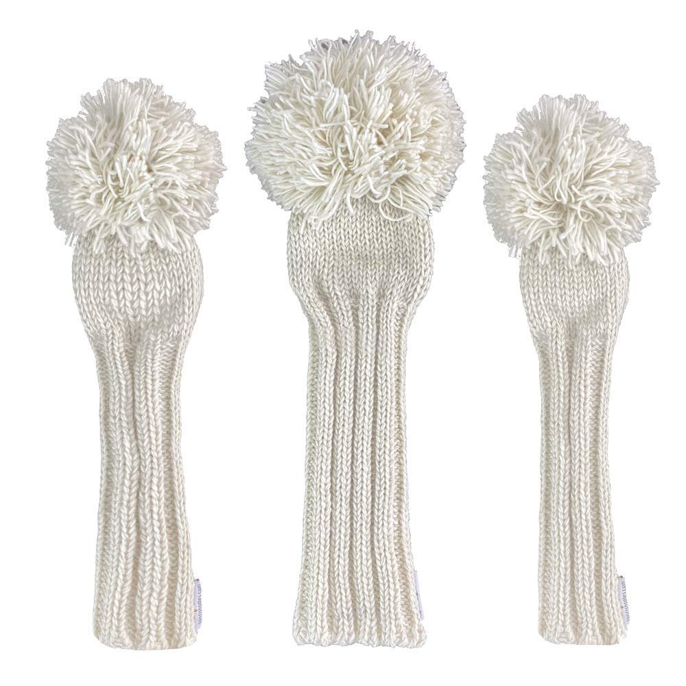 Sunfish Knit Wool Golf Headcover Set White Out Driver Fairway Hybrid All White