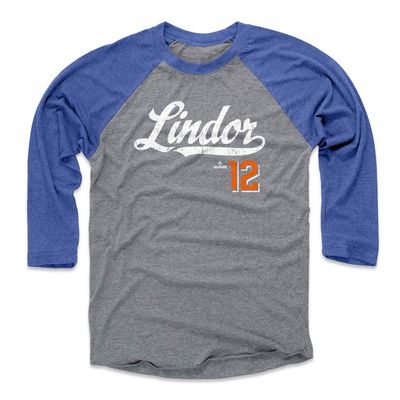 500 LEVEL Francisco Lindor 3/4 Sleeve T-Shirt (Baseball Tee, Small, Royal/Heather Gray) - Francisco Lindor Script WHT
