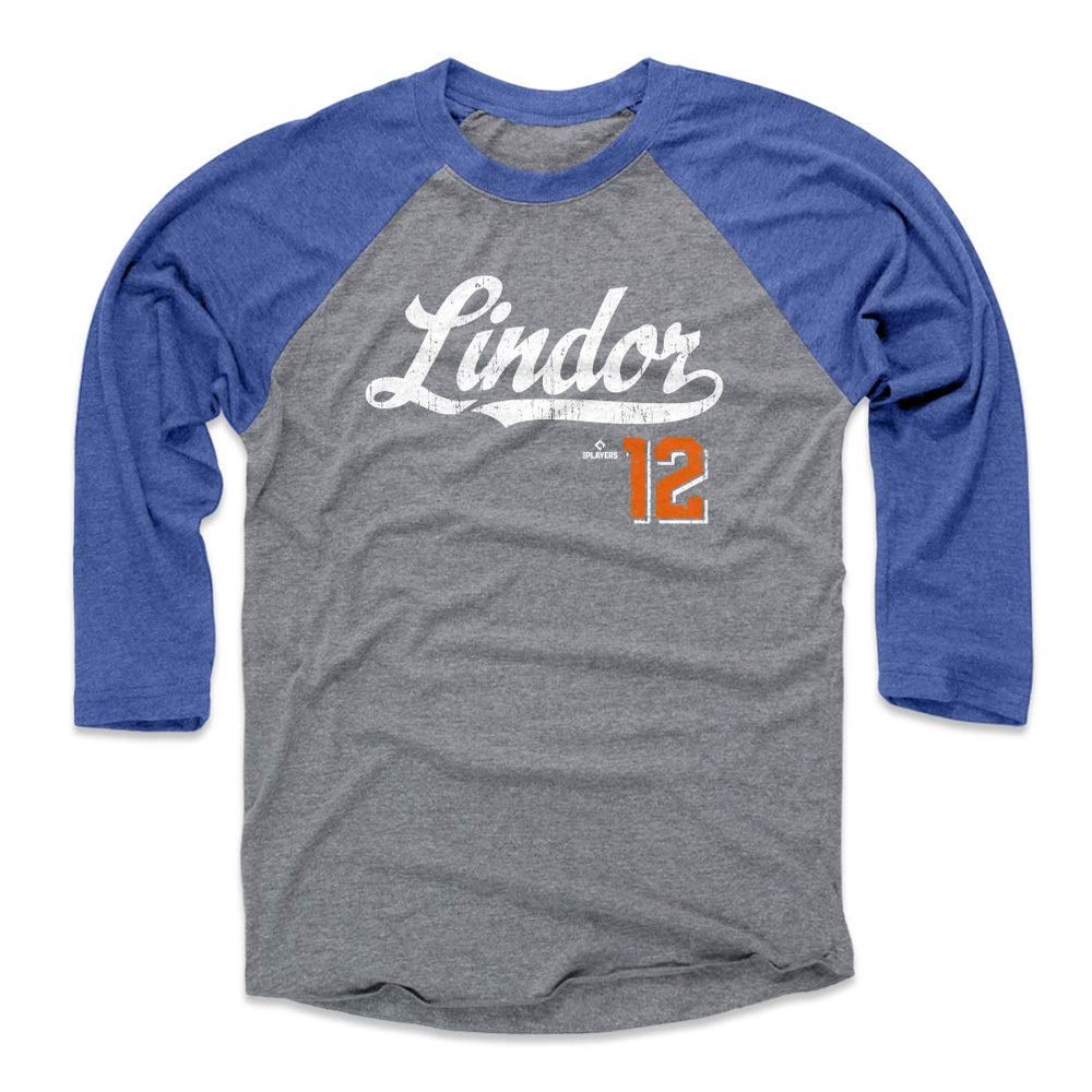 500 LEVEL Francisco Lindor 3/4 Sleeve T-Shirt (Baseball Tee, Small, Royal/Heather Gray) - Francisco Lindor Script WHT