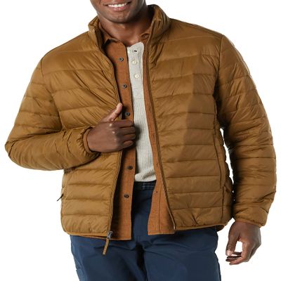 Amazon Essentials Men's Packable Lightweight Water-Resistant Puffer Jacket (Available in Big & Tall), Light Brown, Medium