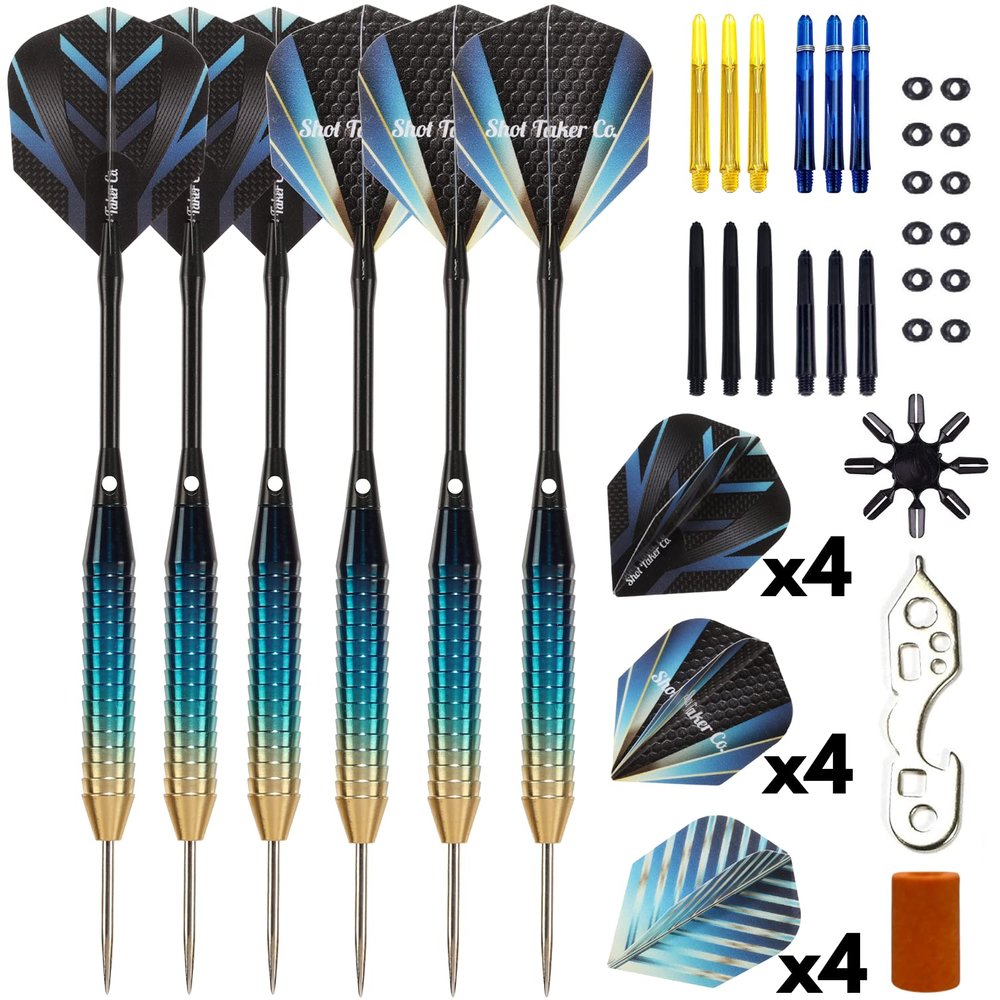 SHOT TAKER CO. EST. 2017 6pc Steel Tip Darts Set - Professional Darts for Dartboard - Includes Barrels + Plastic/Aluminum Shafts + O'Rings + Flights + Sharpener + Wrench (24g-Gradient-10436)