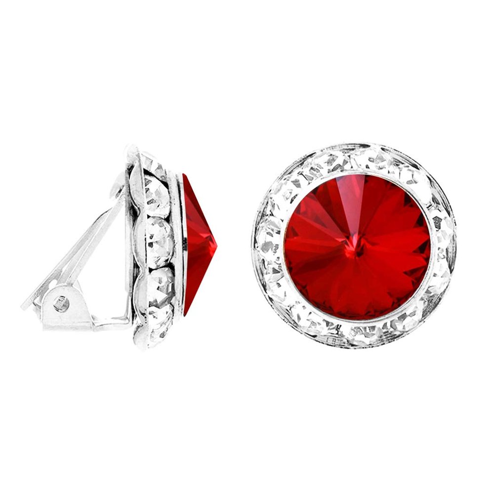 Rosemarie & Jubalee Women's Timeless Classic Statement Clip On Earrings Made With European Crystals (20mm, Light Siam Red Silver Tone)