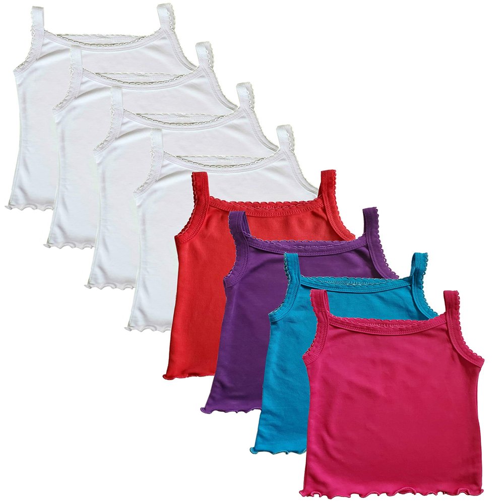 B-One Kids Girls Tank Top Camisoles, Pack of 8, White and Floral Print, Sleeveless Cotton Undershirts (US, Age, 5 Years, White/Vibrant Cami)