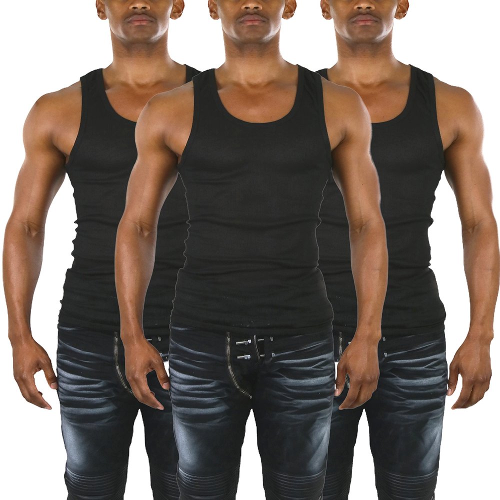 ToBeInStyle Pack of 3 Men's Slim Fit Cotton Blend Solid Color Scoop Neck Tank Tops - Black - X-Large