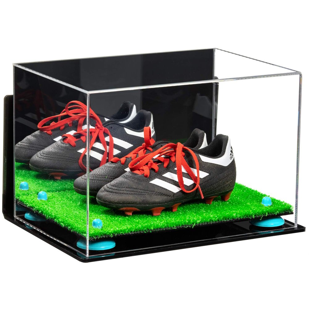 Better Display Cases Acrylic Kids Shoes Display Case - Medium Rectangle Box with Mirror Case, Blue Risers, Wall Mount and Turf Base 12" x 8.25" x 8" (A004, V41)