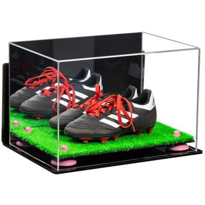 Better Display Cases Acrylic Kids Shoes Display Case - Medium Rectangle Box with Mirror Case, Pink Risers, Wall Mount and Turf Base 12" x 8.25" x 8" (A004, V41)