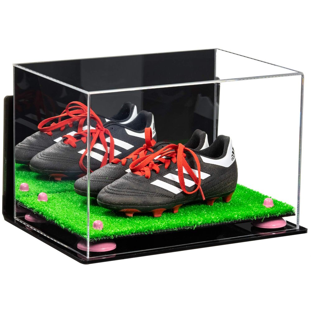 Better Display Cases Acrylic Kids Shoes Display Case - Medium Rectangle Box with Mirror Case, Pink Risers, Wall Mount and Turf Base 12" x 8.25" x 8" (A004, V41)