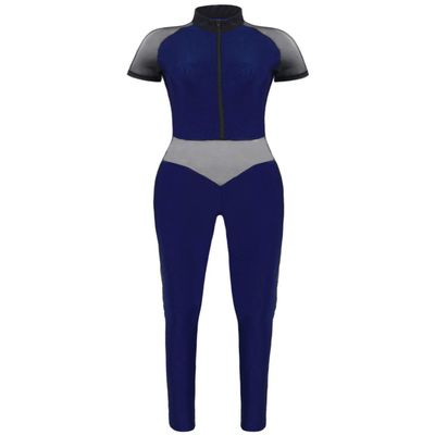 Hansber Women's Mesh Tank Dance Unitard Jumpsuit Hollow Out Bodycon Full Bodysuit One Piece Catsuit Clubwear Navy Blue Small