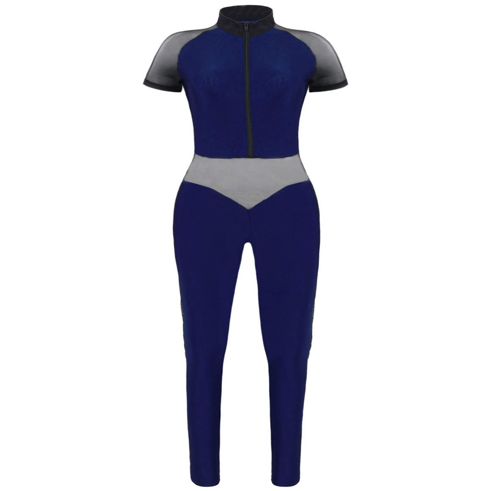 Hansber Women's Mesh Tank Dance Unitard Jumpsuit Hollow Out Bodycon Full Bodysuit One Piece Catsuit Clubwear Navy Blue Small