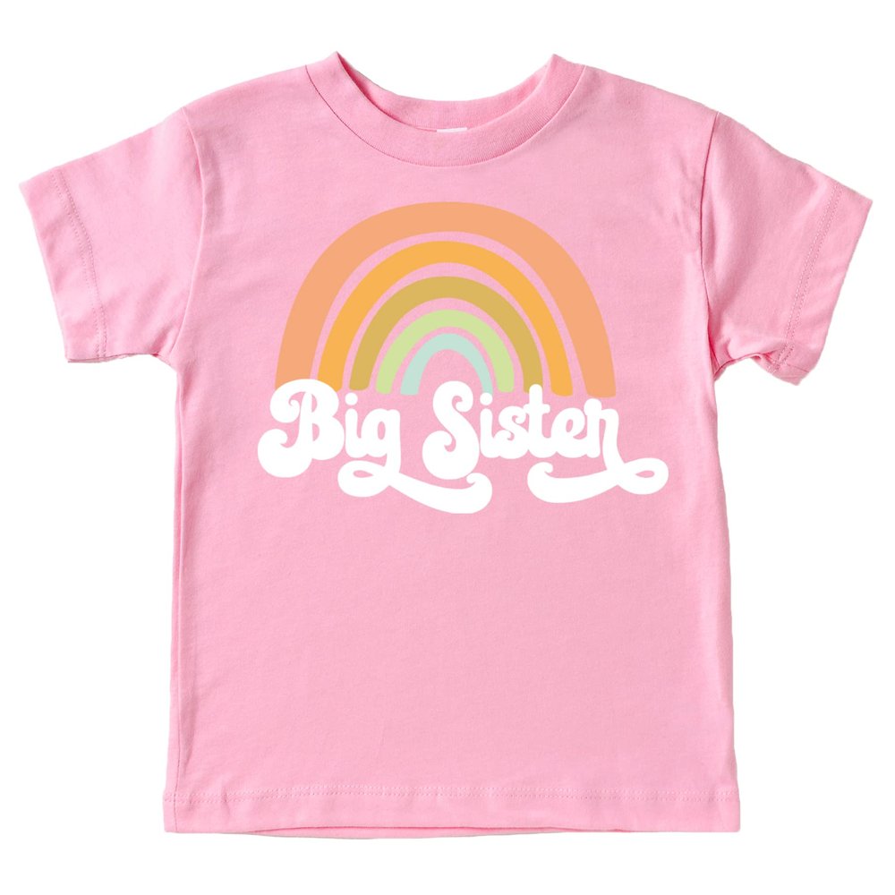 Retro Rainbow Big Sister Sibling Reveal Announcement Shirt for Baby and Toddler Girls Sibling Outfits White on Pink Shirt 12 Months