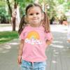Retro Rainbow Big Sister Sibling Reveal Announcement Shirt for Baby and Toddler Girls Sibling Outfits White on Pink Shirt 12 Months view 2