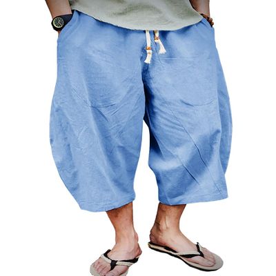 EKLENTSON Yoga Pants for Men Golf Sports Outdoor 3/4 Shorts Loose Linen Capri Trousers Beach Pants Cotton, Sky Blue, 40