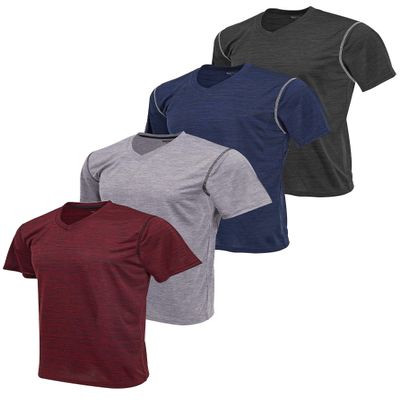 Reset 4 Pack Workout Shirts for Men, Active Athletic Performance V Neck Gym T Shirts (Gray/Navy/Burgundy/Black, X-Large)