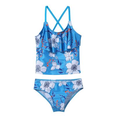 YONGHS Girl's Two Piece Swimsuits Ruffle Floral Pattern Hem Tankini Set Cross Back Swimwear Bathing Suit Set Blue 12Years