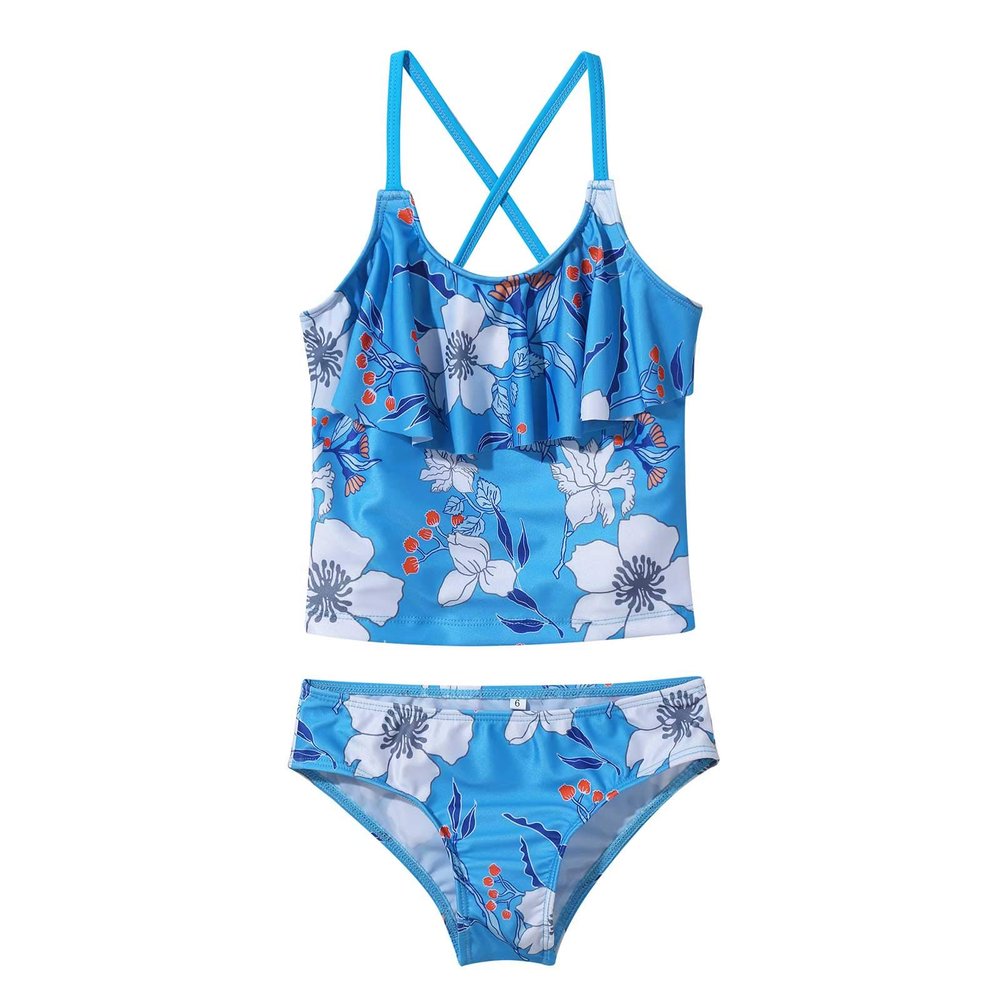 YONGHS Girl's Two Piece Swimsuits Ruffle Floral Pattern Hem Tankini Set Cross Back Swimwear Bathing Suit Set Blue 12Years