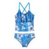 YONGHS Girl's Two Piece Swimsuits Ruffle Floral Pattern Hem Tankini Set Cross Back Swimwear Bathing Suit Set Blue 12Years view 1