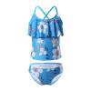 YONGHS Girl's Two Piece Swimsuits Ruffle Floral Pattern Hem Tankini Set Cross Back Swimwear Bathing Suit Set Blue 12Years view 3