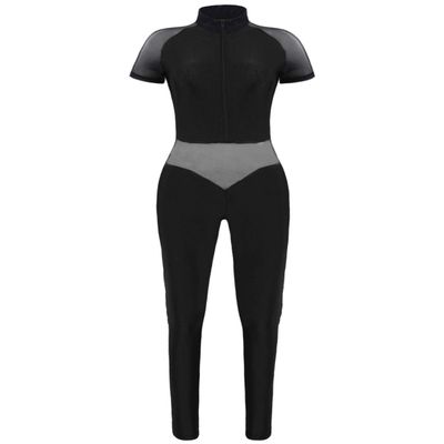 Hansber Women's Mesh Tank Dance Unitard Jumpsuit Hollow Out Bodycon Full Bodysuit One Piece Catsuit Clubwear Black Large