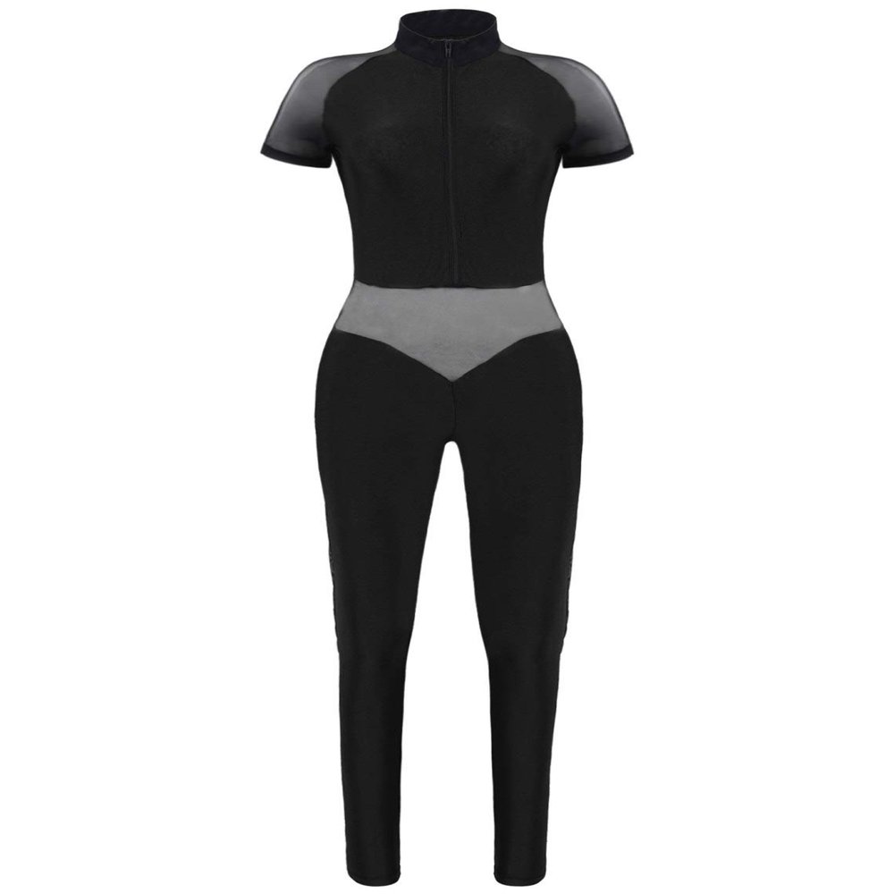 Hansber Women's Mesh Tank Dance Unitard Jumpsuit Hollow Out Bodycon Full Bodysuit One Piece Catsuit Clubwear Black Large