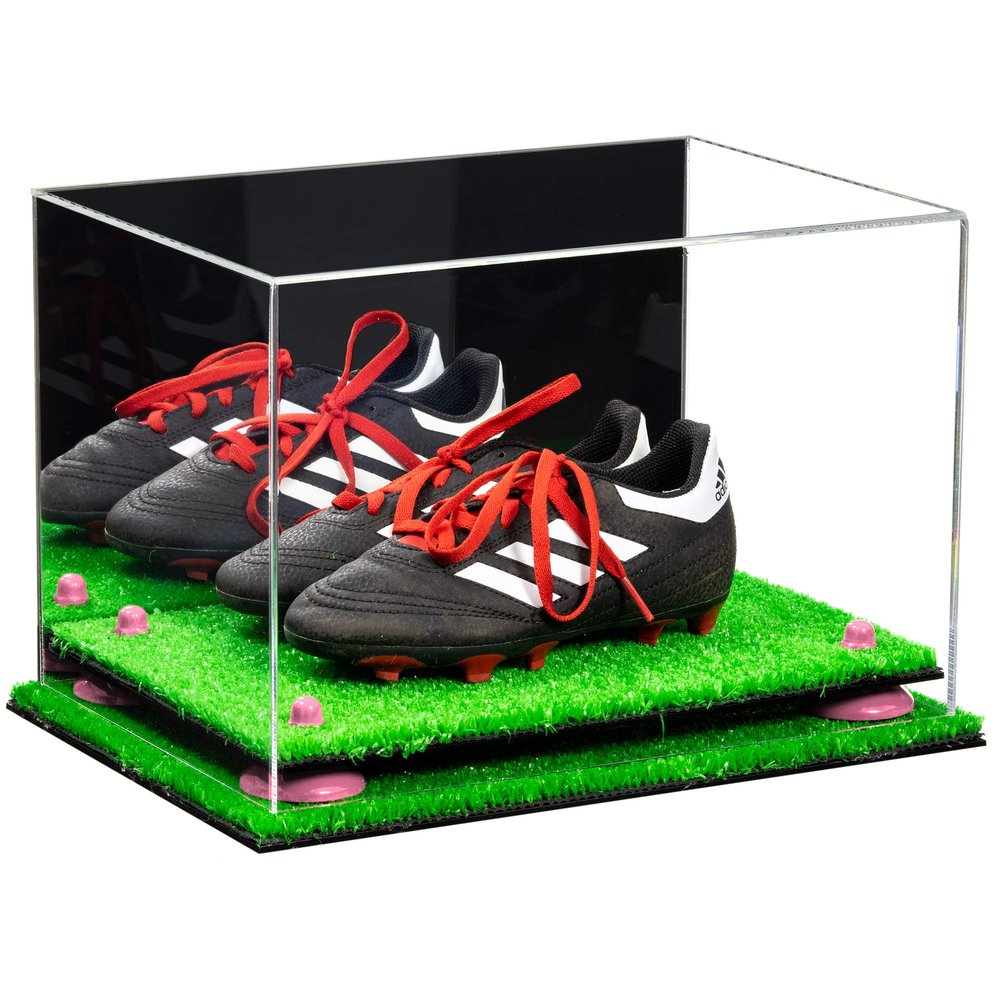 Better Display Cases Acrylic Kids Shoes Display Case - Medium Rectangle Box with Mirror Case, Pink Risers and Turf Base 12" x 8.25" x 8" (A004, V41)