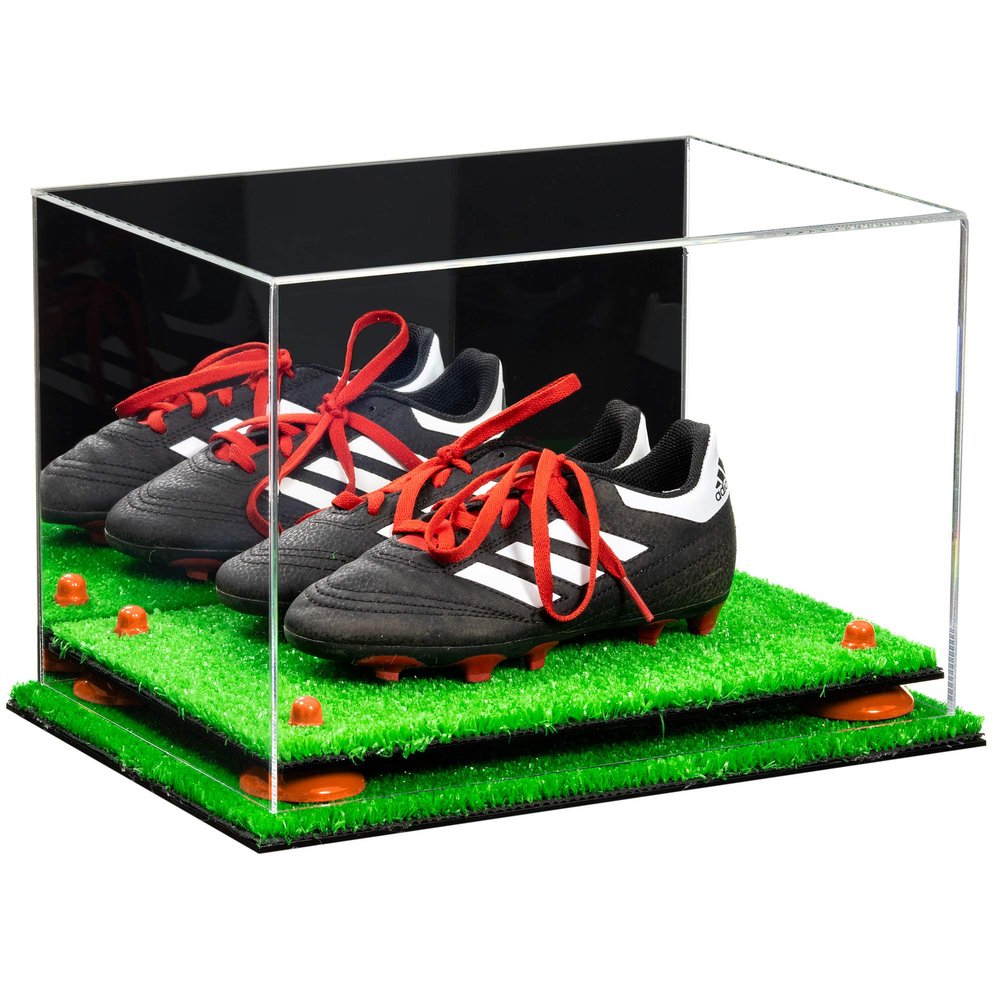 Better Display Cases Acrylic Kids Shoes Display Case - Medium Rectangle Box with Mirror Case, Orange Risers and Turf Base 12" x 8.25" x 8" (A004, V41)