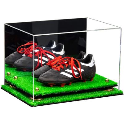 Better Display Cases Acrylic Kids Shoes Display Case - Medium Rectangle Box with Mirror Case, Gold Risers and Turf Base 12" x 8.25" x 8" (A004, V41)