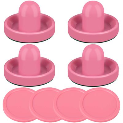 Air Hockey Pushers and Pink Air Hockey Pucks, Goal Handles Paddles Replacement Accessories for Game Tables (4 Striker, 4 Puck Pack) (Pink & Pink)