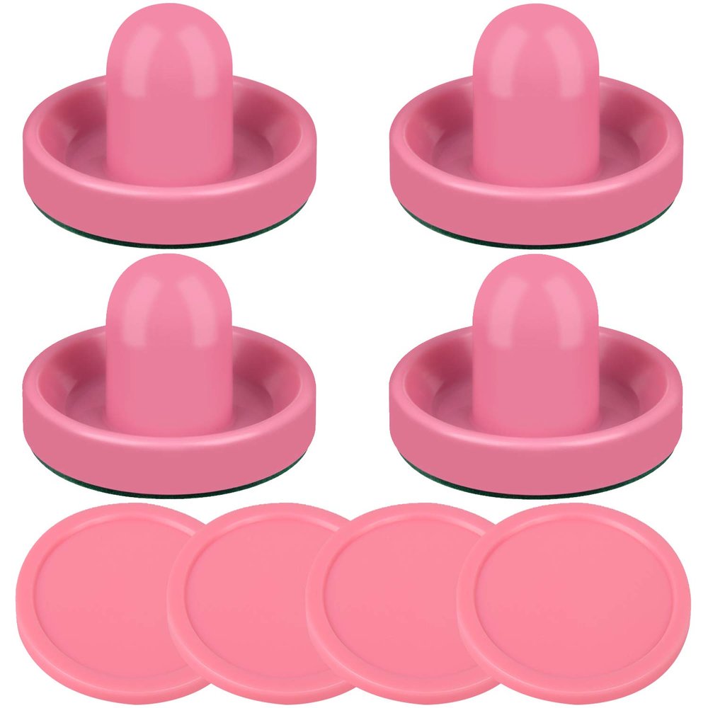Air Hockey Pushers and Pink Air Hockey Pucks, Goal Handles Paddles Replacement Accessories for Game Tables (4 Striker, 4 Puck Pack) (Pink & Pink)