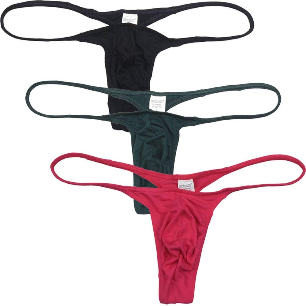 OROCOJUCO Men Modal Bulge Thong Underwear Male Slim Pouch T-back String Tangas 3-Pack(Black,Dark Green,Pink) L
