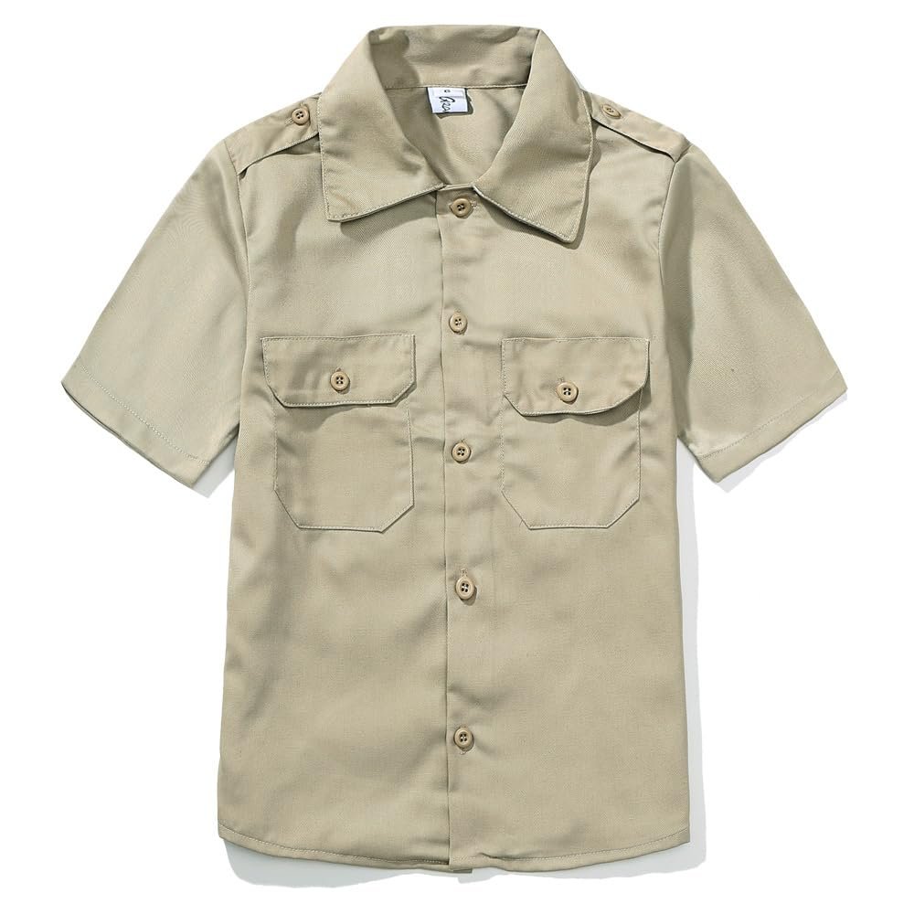 GRANDWISH Boys Short Sleeve Button-Down Shirt, Kids Work Shirt, Khaki Size 8