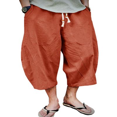 EKLENTSON Men's Shorts Casual Cotton Men Linen Pants Beach Pants Elastic Waist Drawstring Yoga Capri Trousers, Brick Red, 34