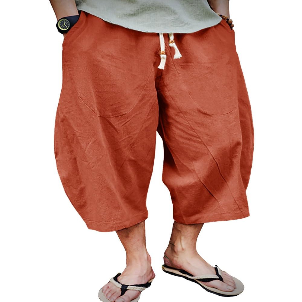 EKLENTSON Men's Shorts Casual Cotton Men Linen Pants Beach Pants Elastic Waist Drawstring Yoga Capri Trousers, Brick Red, 34