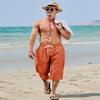 EKLENTSON Men's Shorts Casual Cotton Men Linen Pants Beach Pants Elastic Waist Drawstring Yoga Capri Trousers, Brick Red, 34 view 2
