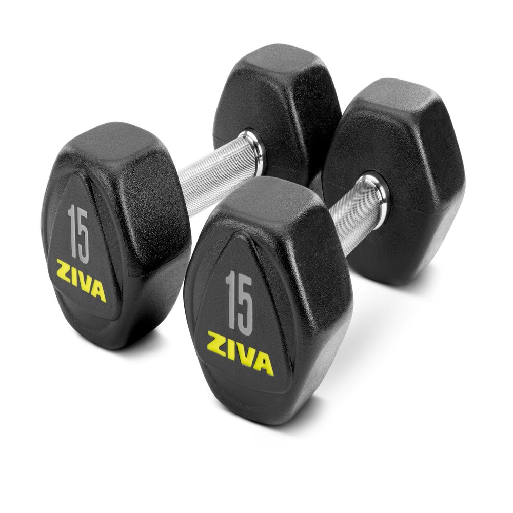 ZIVA Performance HEX Dumbbells  Solid Steel Core, Premium Urethane Rubber Encasing, Corrosion Resistant - Commercial Grade for Rigorous Exercise, Strength Training - Pair of Two Dumbbell, 15 lb.