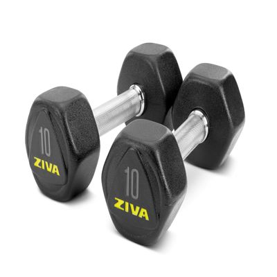 ZIVA Performance RPU Hex Dumbbells  Solid Steel Core, Premium Urethane Rubber Encasing, Corrosion Resistant - Commercial Grade for Rigorous Exercise, Strength Training - Pair of Two Dumbbell, 10 lb.