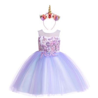 Weileenice Lilac Purple Flower Girl Dress Pastel Tulle 3D Embroidery Princess Pageant Wedding Party Dresses 7 8 Kids Formal Lace Bridesmaid Photo Shoot Prom Birthday Ball Gown Lavender Ceremony