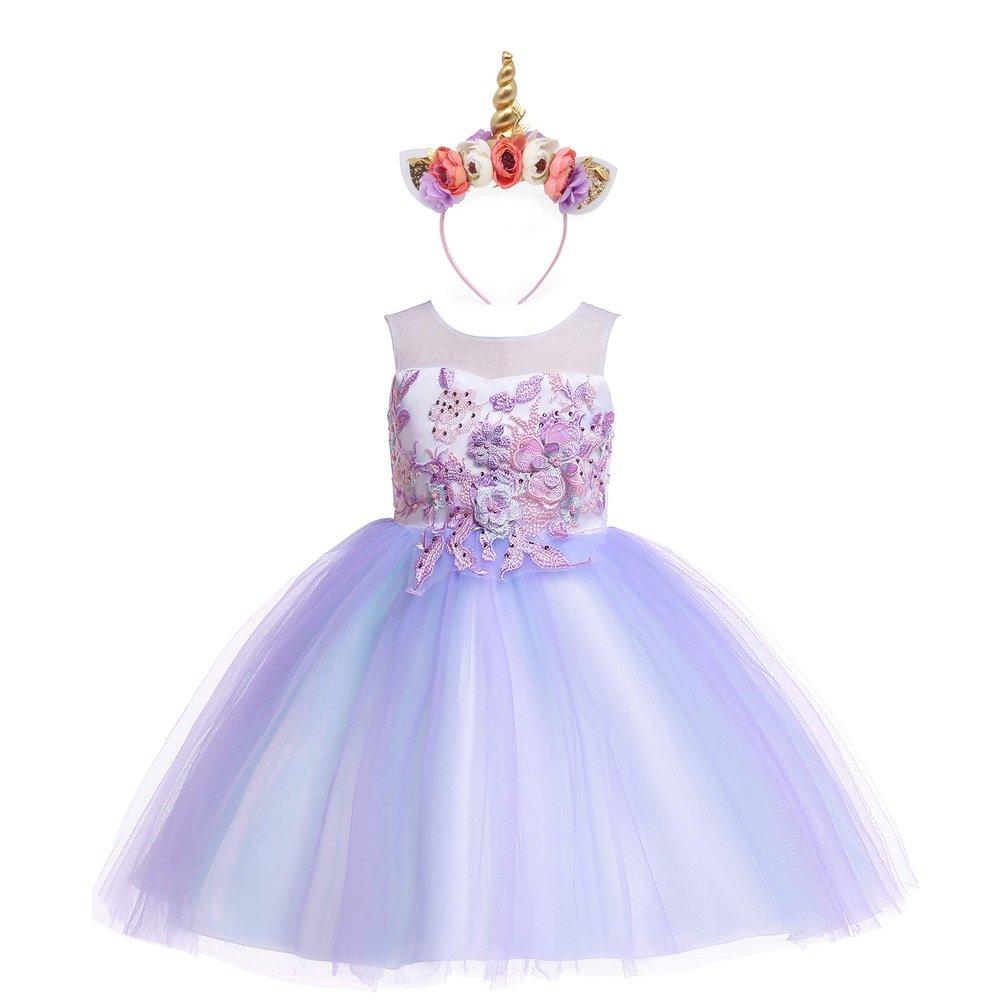 Weileenice Lilac Purple Flower Girl Dress Pastel Tulle 3D Embroidery Princess Pageant Wedding Party Dresses 7 8 Kids Formal Lace Bridesmaid Photo Shoot Prom Birthday Ball Gown Lavender Ceremony