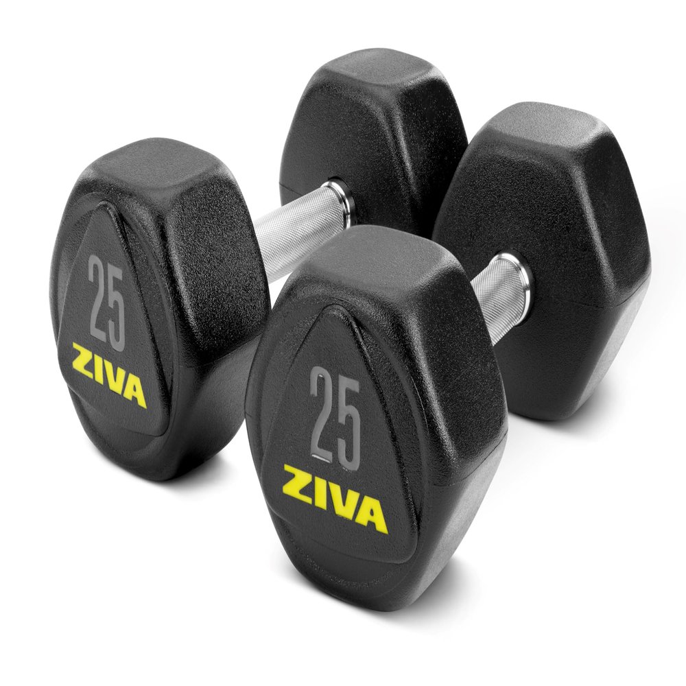 ZIVA Premium Hex Dumbbells 25 lb Pair Commercial Grade Rubber Urethane Coated Free Weights for Strength Training, Weightlifting, Home Gym Durable Steel Core | Ship by Piece