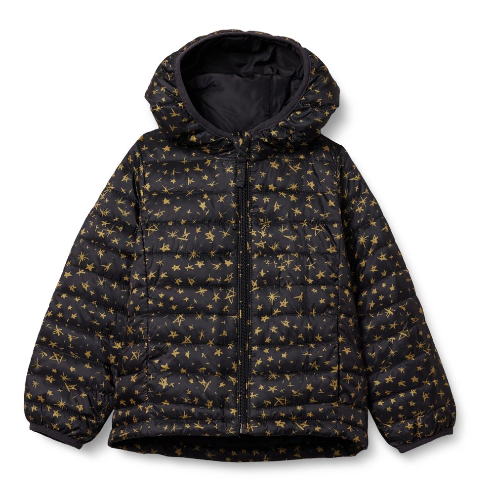 Amazon Essentials Girls' Lightweight Water-Resistant Packable Hooded Puffer Jacket, Black Stars, XX-Large