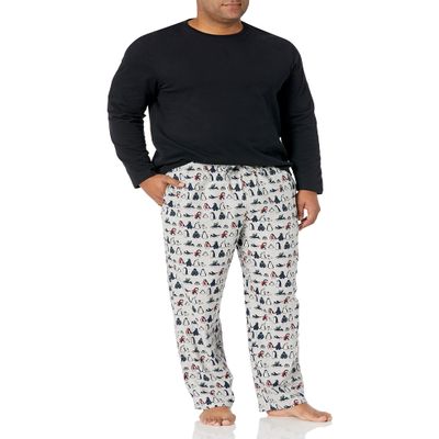 Amazon Essentials Men's Flannel Pant and Long-Sleeve T-Shirt Pajama Set, Black/Penguin, Small