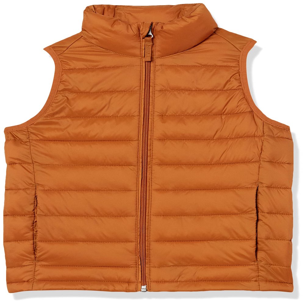Amazon Essentials Boys' Lightweight Water-Resistant Packable Hooded Puffer Vest, Light Brown, Medium