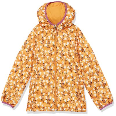 Amazon Essentials Girls' Lightweight Water-Resistant Packable Hooded Puffer Jacket, Yellow Floral, Large